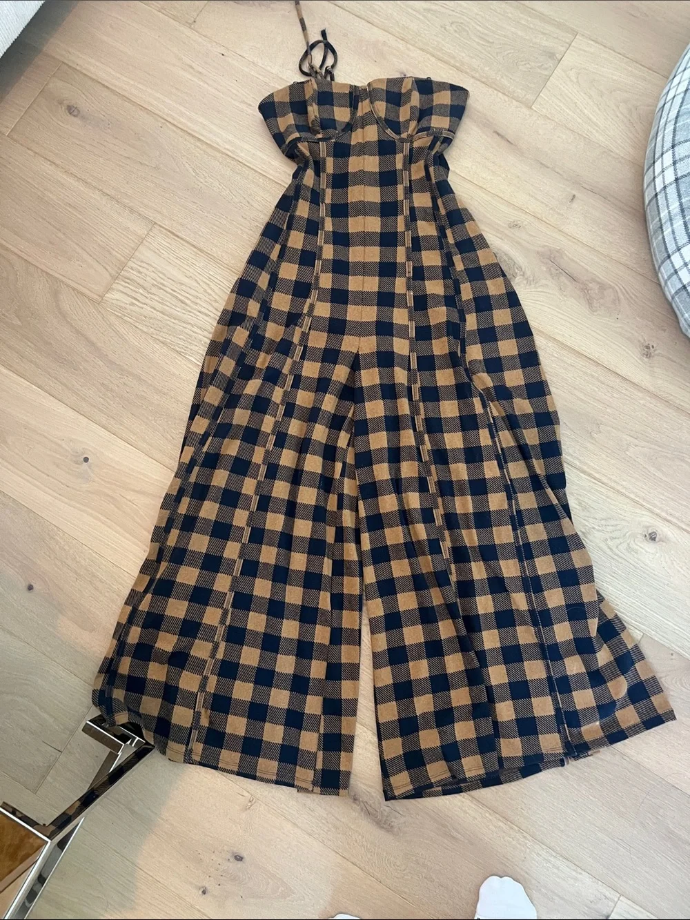 Strapless Wide-Leg Jumpsuit in Black and Tan Plaid - Picture 1 of 4